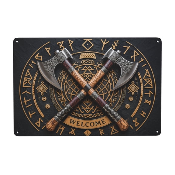 Metal Wall Decor Sign with Viking Axe Design, Welcome Theme, 8x12 Inch