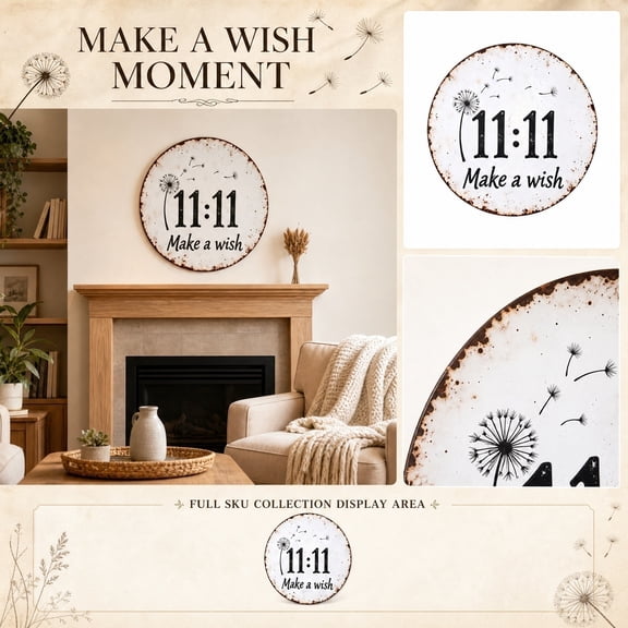 Metal Wall Decor, Wall Art for Living Room, Rustic Home Decor, Vintage Home Decor, Round Dandelion Wish Retro 16 Inch Diameter Metal Wall Plaque, 1Pc Weathered Distressed Hanging