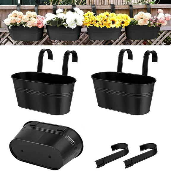 Metal Wall Hanging Planter,Bexikou 3 Pcs Balcony Metal Buckets with Detachable Hooks&Drainage Holes,Large Oval Fence Hanging Planters for Railing Outdoor Great for Garden Home Decor, Black