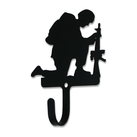 Metal Wall Hook with Kneeling Soldier Accent, Small, Black