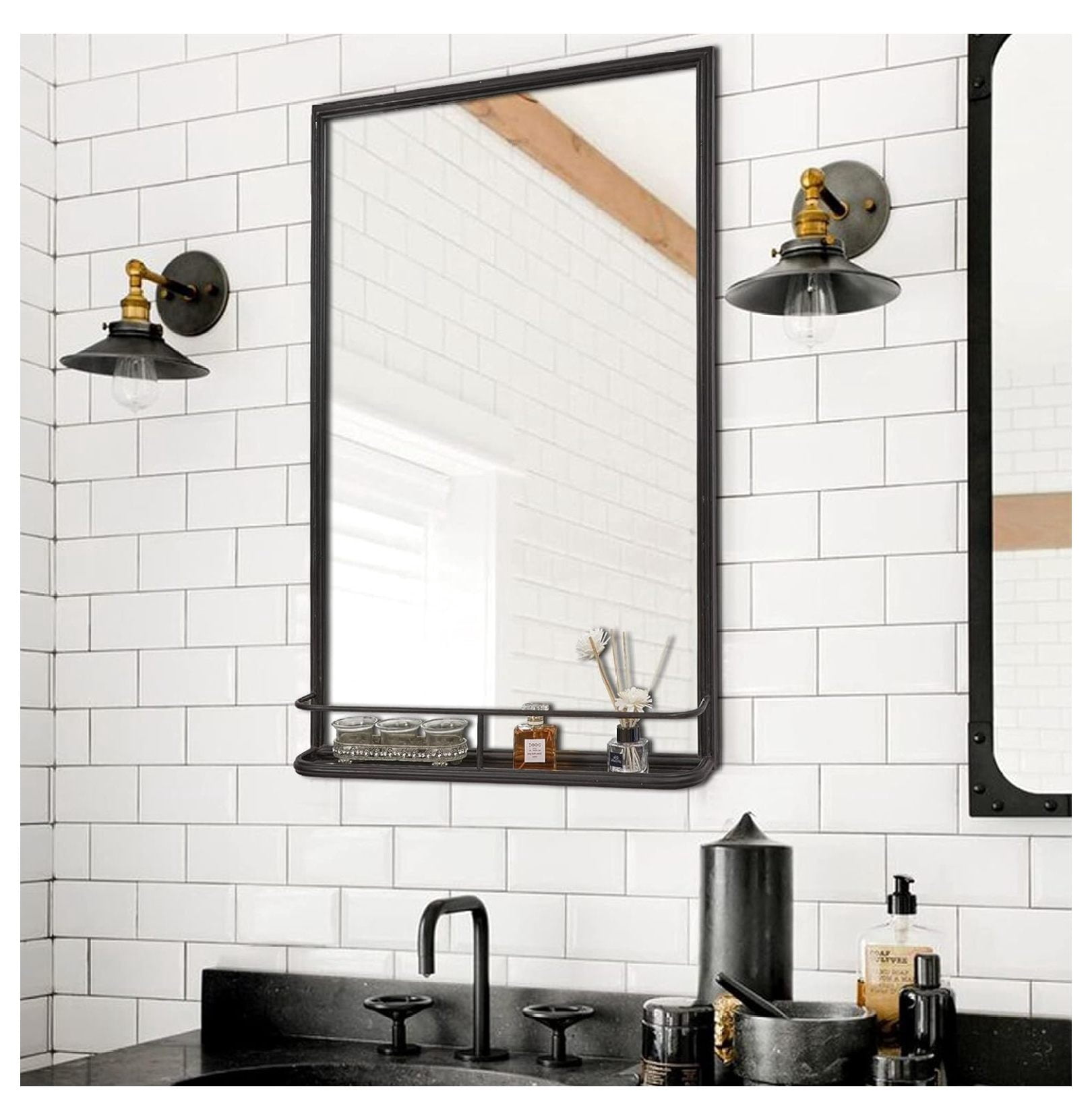 Metal Wall Mirror Rectangle Large Bathroom Mirror with Shelf ...
