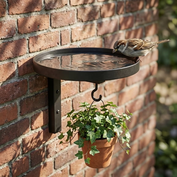 Metal Wall Mount Bird Bath Feeder Tray 2 Pack, Round Black Wall Hanging Bird Water Bowl, Multi Purpose Wall Floating Shelf for Birds