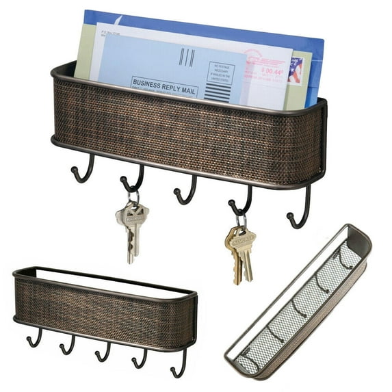 Metal Wall Mount Key and Mail Holder with 5 Hooks, Home Mail Organizer and Key Rack, Easy to Organize Letters,Magazines, Keys, Bronze