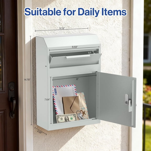 Metal Wall Mount Locking Deposit Drop Box Safe - Heavy Duty Lock Box for Keys, Rent, Checks, Money, and Mail Envelopes (9.75” x 4.25” x 14.75”) (White)