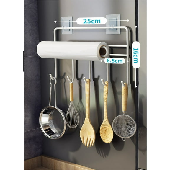 Metal Wall Mount Paper Towel Holder with Storage Shelf and Hooks for Kitchen, Pantry, Laundry, Garage Organization - Holds Spices, Seasonings, Pot Holders, Cookware
