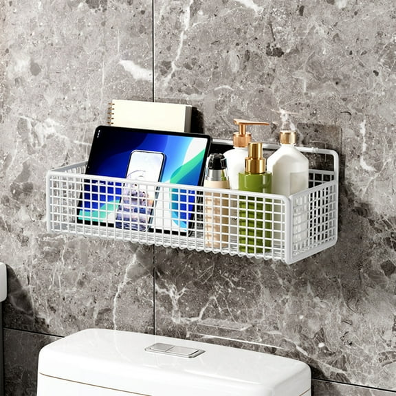 Metal Wall Mount Storage Basket Organizer | Black or White Iron Wire Rack 14.4"x5.9" | Kitchen Seasoning Shelf, Bathroom Shower Caddy, Space Saving Hanging Bin for Towels Spices Toiletries