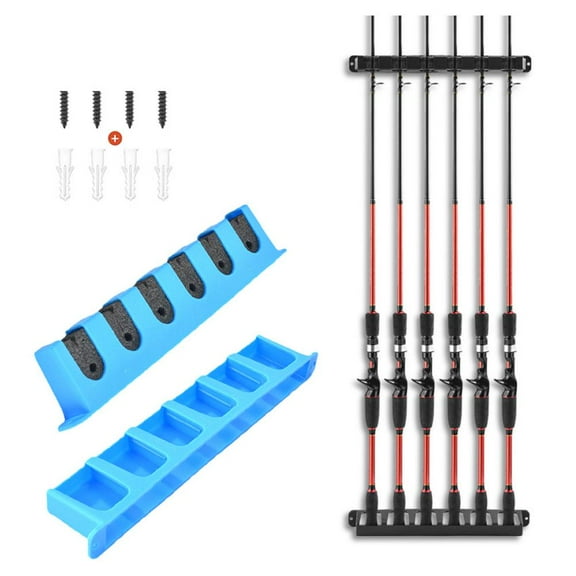 Metal Wall-Mounted Fishing Rod Holder Rack, Holds 6 Rods, Flexible Mounting for Garage Boat Storage, Easy Installation with Hardware
