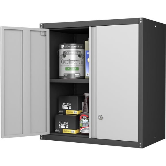 Metal Wall Mounted Garage Cabinets, Heavy Duty Steel Locking Cabinet with Doors & 2 Keys, Garage Storage Cabinet with Adjustable Floating Shelf for Shop, Utility Room, Office, Black & Grey