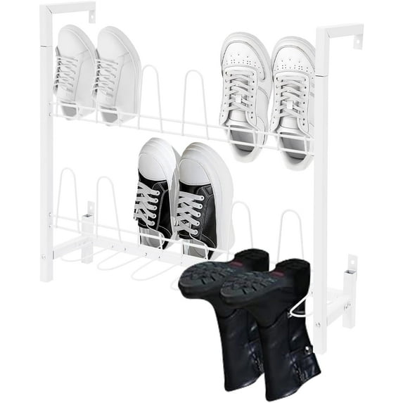 Metal Wall Mounted Shoe Rack, Premium White Metal Hanging Wall Shoe Organizer for Walk in Closet, Mudroom and Entryway, Door Shoe Storage Hanger Shoe Holder, Holds 9 Pairs