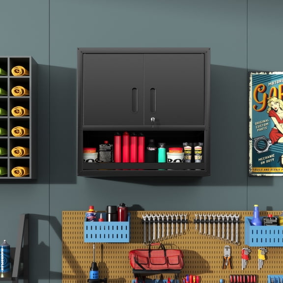 Metal Wall-Mounted Tool Box Chest Storage with Locking Door 1 Shelf 1 Open Drawer Steel Garage Storage for Workshop, Warehouse & Office ,Black