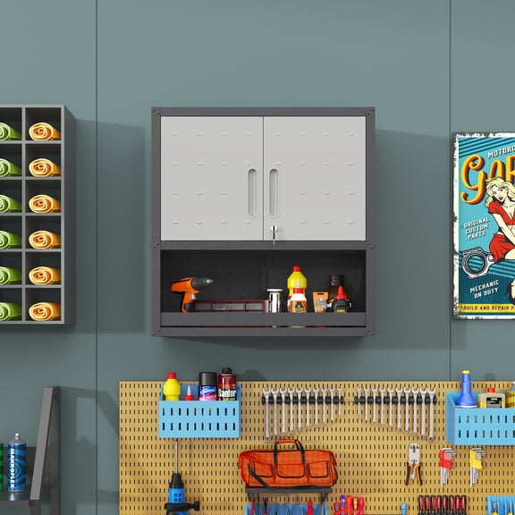 Metal Wall-Mounted Tool Box Chest Storage with Locking Door 1 Shelf 1 Open Drawer Steel Garage Storage for Workshop, Warehouse & Office ,Gray