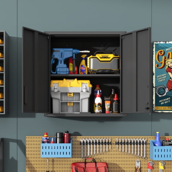 Metal Wall-Mounted Tool Box Chest Storage with Locking Door Adjustable Shelf Steel Garage Storage for Workshop Warehouse Office ,Black