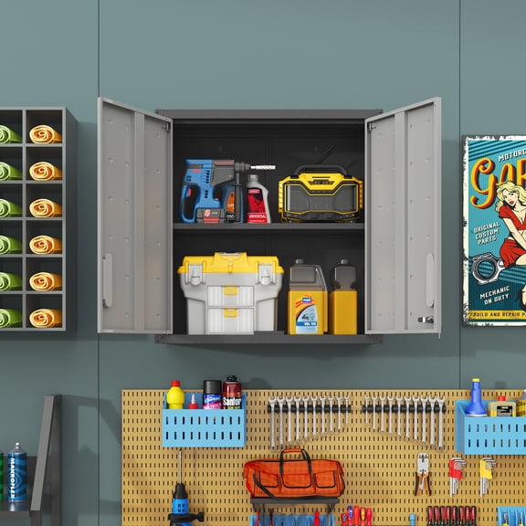 Metal Wall-Mounted Tool Box Chest Storage with Locking Door Adjustable Shelf Steel Garage Storage for Workshop Warehouse Office ,Gray