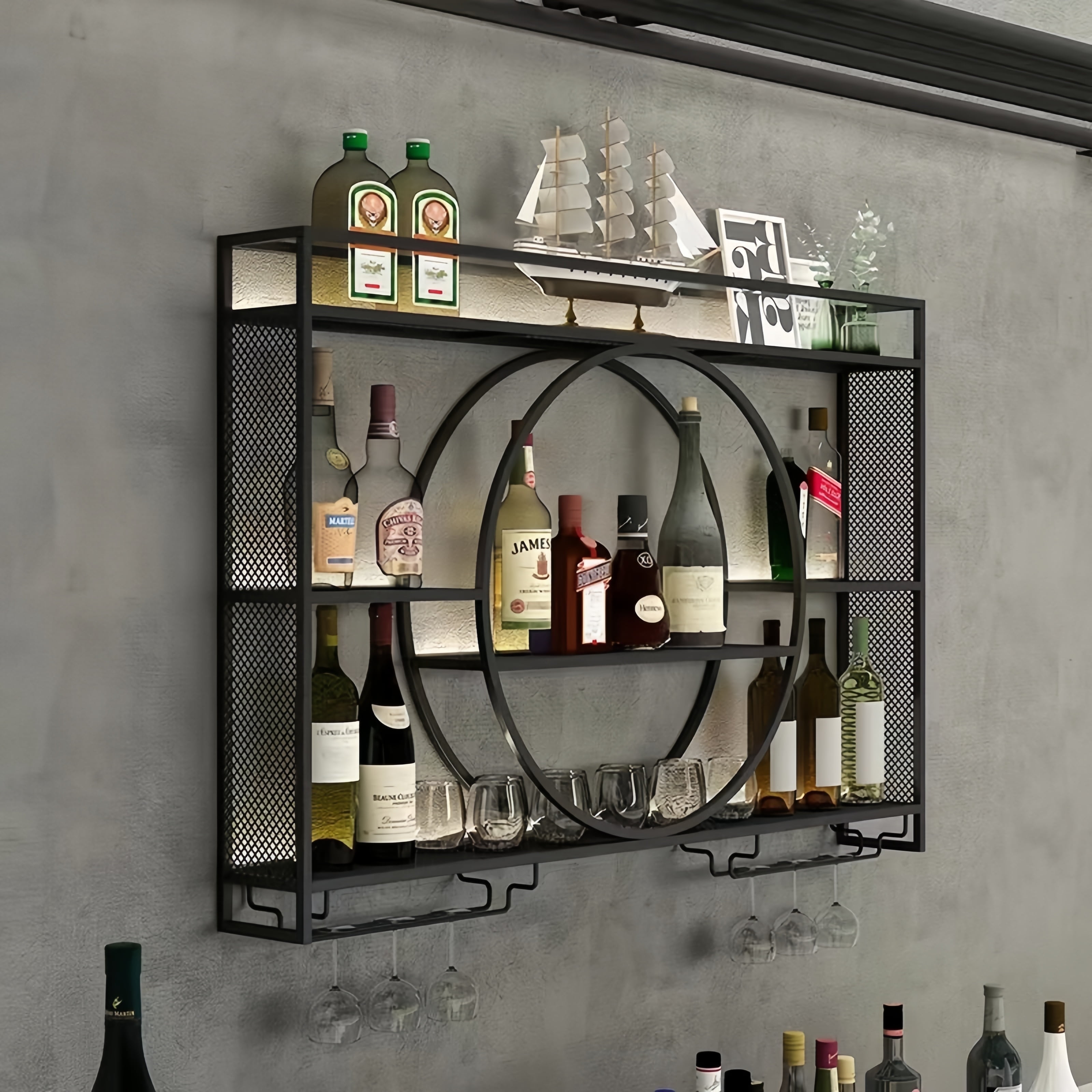 Metal Wall Mounted Wine Rack, 3-Tier Bar Shelf Wall Mounted with Glass ...