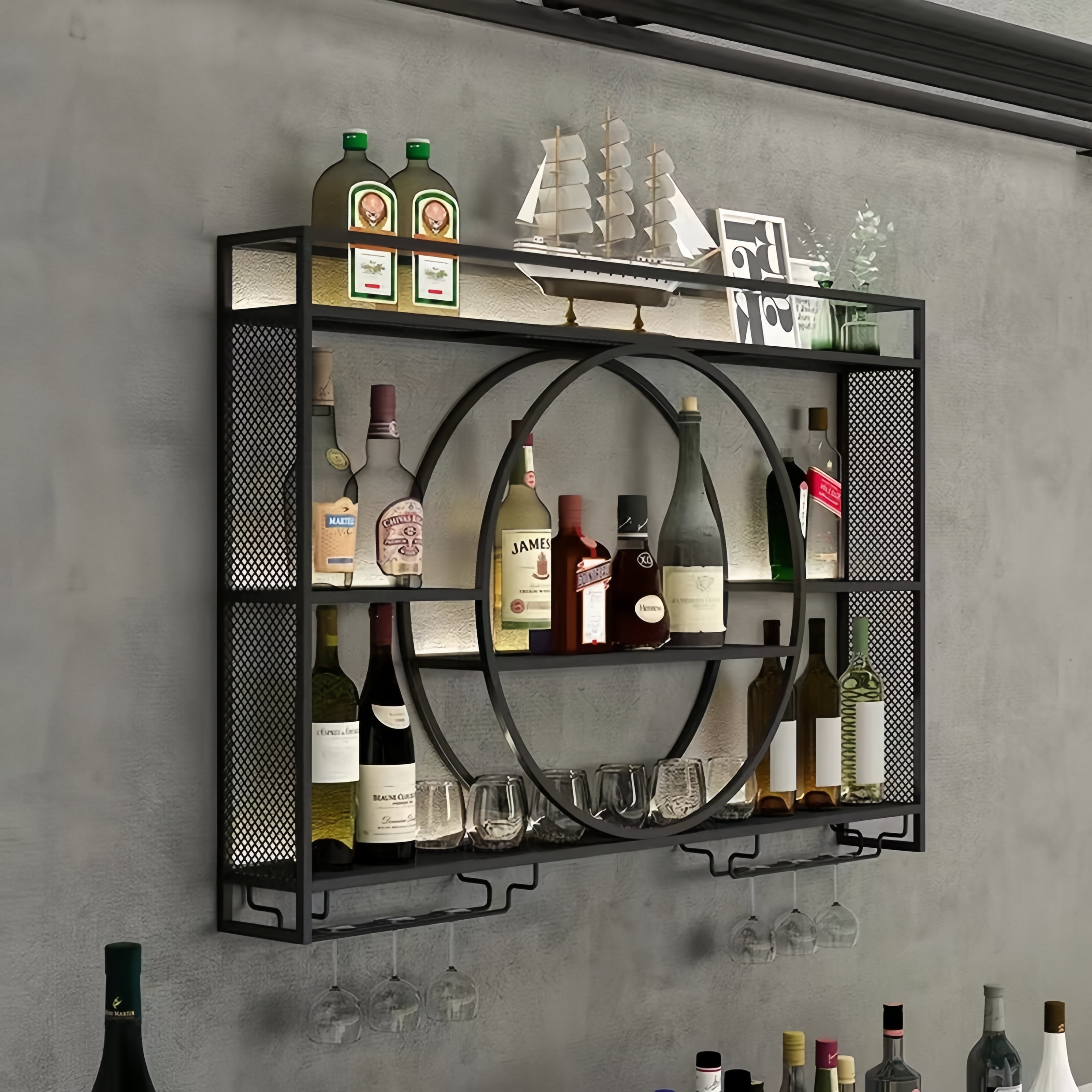 Modern Alcohol Rack Metal Wall Mounted Wine Rack, 3-Tier Bar Shelf Wall Mounted with Glass ...