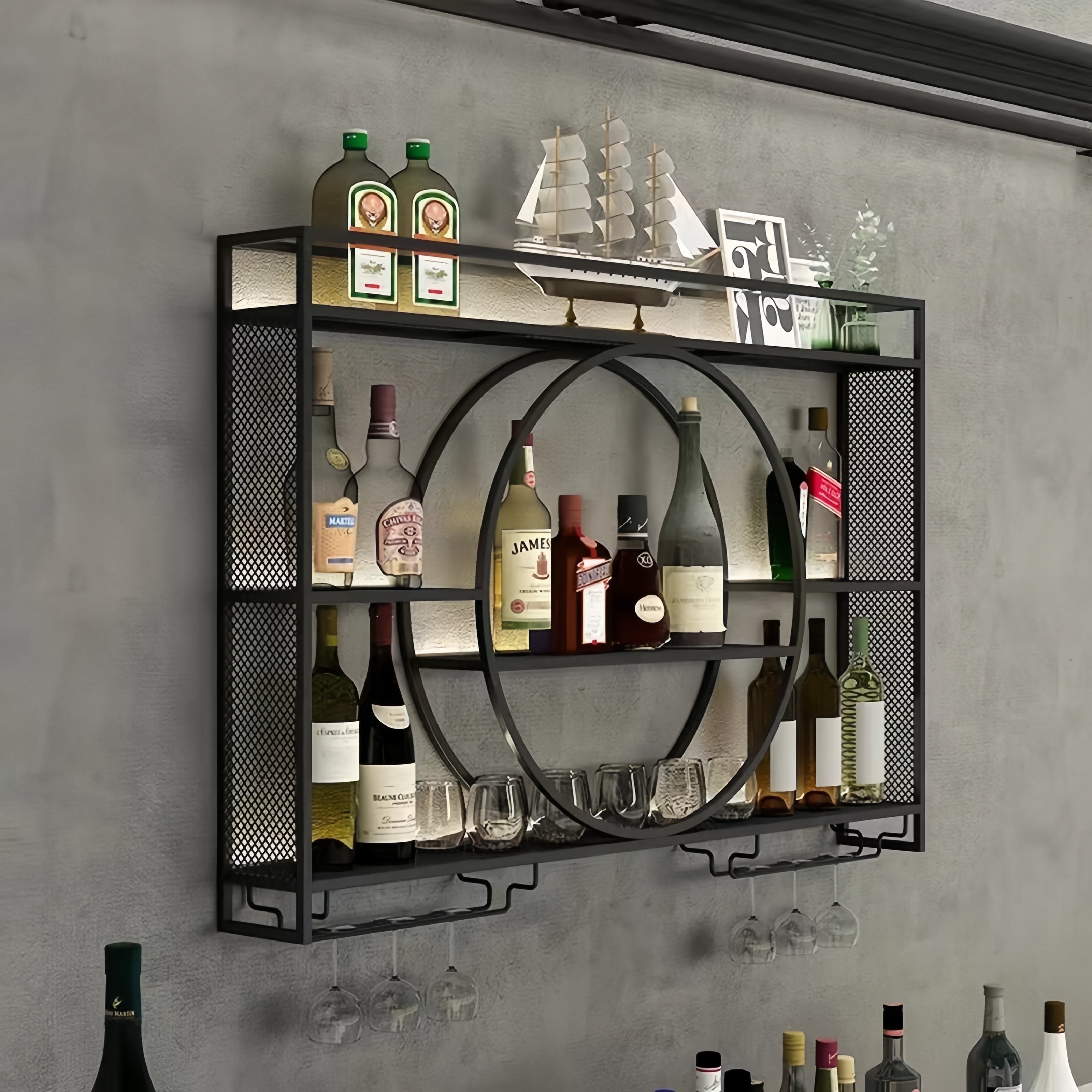 PIKYSailed 39in Metal Wall Mounted Wine Rack, 3-Tier Bar Shelf with ...