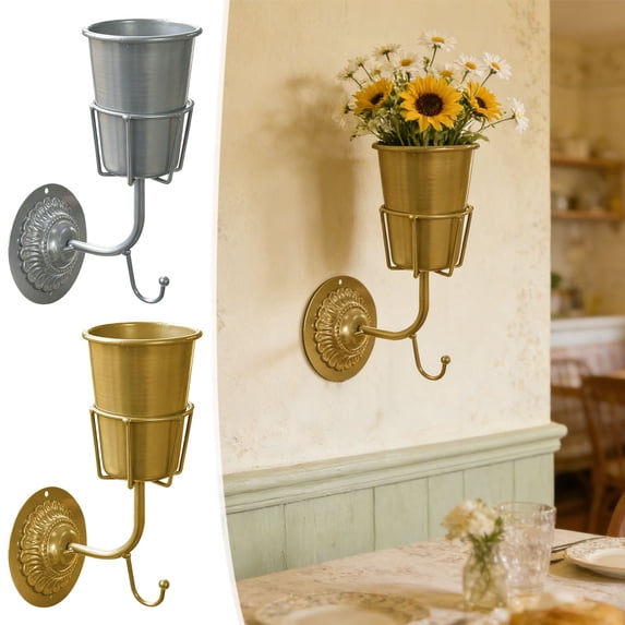 Metal Wall Plant Hook Rack Industrial Wrought Iron/Brass Flower Pot Holder, Decorative Wall-Mount Organizer, Key & Scarf Storage, Heavy-Duty Hanging, 1 Pack