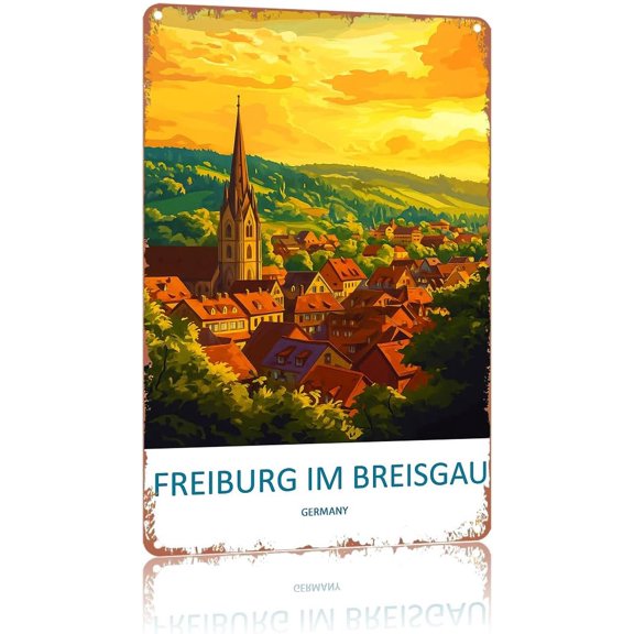 Metal Wall Plaque with Freiburg Germany Black Forest City Scenery, Home Bar Kitchen Living Room Decor Poster, 8 x 12 Inch