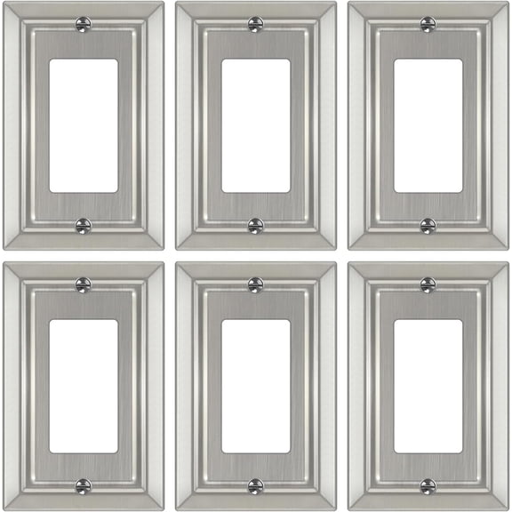 Metal Wall Plate for Electrical Outlets, Decorative Brushed Nickel Switch Plates Outlet Cover, Light Switch Cover Plate, 1-Gang Wall Plates (Single Decoretor, 6 Pack)