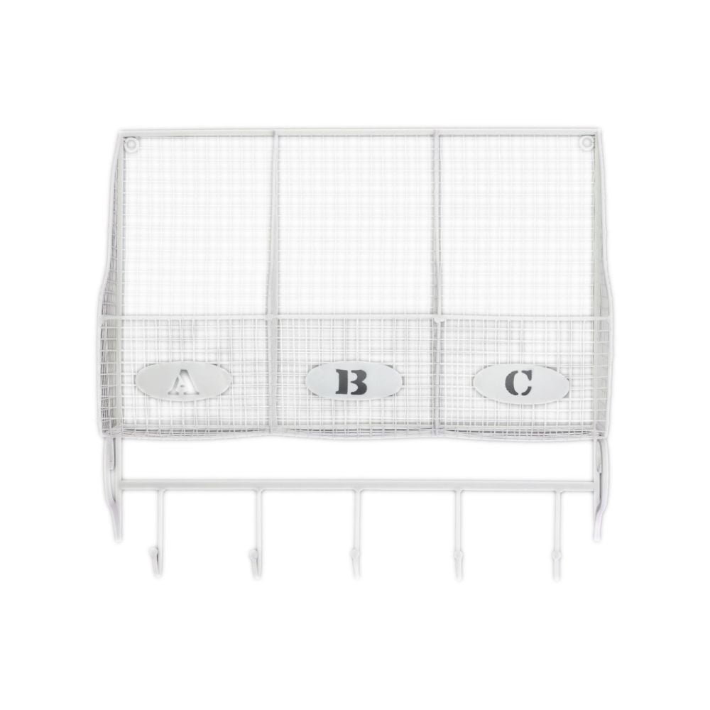 Metal Wall Shelf With 3 Lettered Shelves And 5 Hooks White