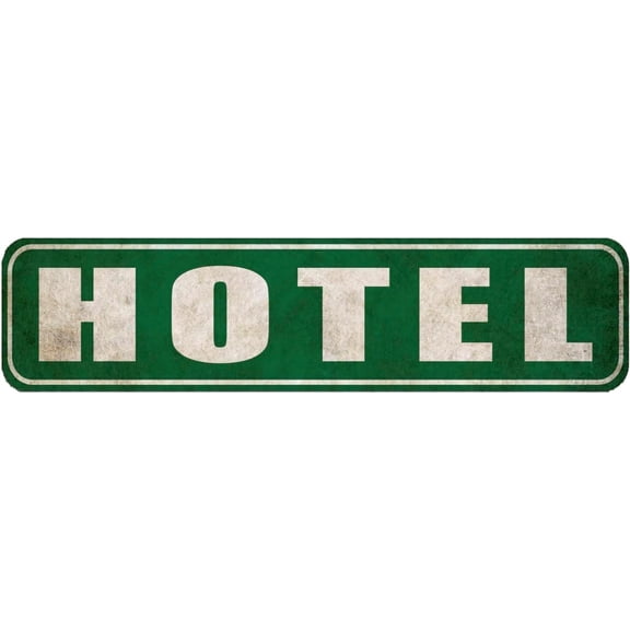 Metal Wall Sign 4x16 Inch Green With Distressed White Text Street Style Decor for Hotel Lobby Motel Hospitality Business Traveler Space