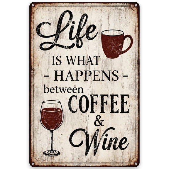 Metal Wall Sign Decor 8x12 Inch - "Life Happens Between Coffee and Wine" Rustic Vintage Style - Easy Hanging Metal Plaque for Home, Kitchen, Bar or Cafe Decoration - Indoor/Outdoor Use
