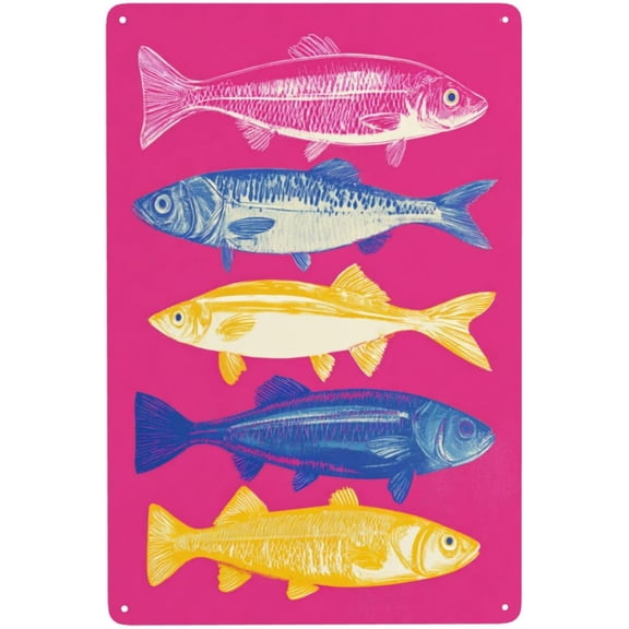 Metal Wall Sign Five Fish on Hot Pink Kitchen Bathroom Farmhouse Decor 8x12 Inches