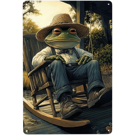Metal Wall Sign With Frog In Rocking Chair, Tinplate Art Plaque, 8 x 12 Inch, Vintage Style Home Wall Decor for Bedroom, Living Room, Study, Cafe, Man Cave
