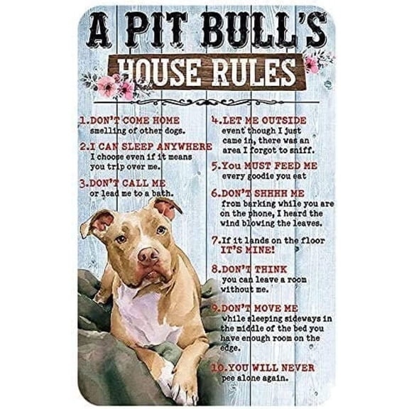 Metal Wall Sign Pitbull House Rules Vintage Retro Aluminum Tin Decor for Kitchen Home Office Bar Cafe 8 x 12 Inches