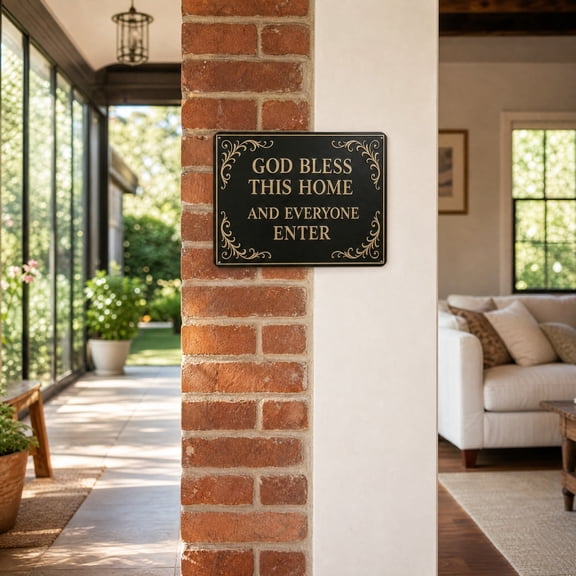 Metal Wall Sign,Printed Sentence "God Bless This Home and Everyone Enter" Delivers Warm Blessing Atmosphere with Golden Embossed Text and Vintage Scroll Corner Border