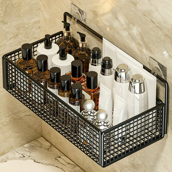 Metal Wall Storage Basket, 36x15x13cm, Black Iron Mesh Organizer for Kitchen, Bathroom, Shower, Countertop - Hanging Sundries Rack with Bottom Hooks, 1 Pack