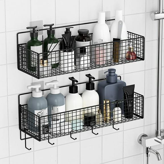 Metal Wall Storage Basket, 36x15x13cm, Black Iron Mesh Organizer for Kitchen, Bathroom, Shower, Countertop - Hanging Sundries Rack with Bottom Hooks, 1 Pack