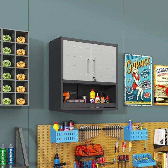 Metal Wall Storage Cabinet with Doors and Adjustable Shelf, 30''H Wall Mounted Lockable Floating Steel Garage Tool Cabinet for Garage Basement Kitchen Warehouse Workshop (Black&Grey)