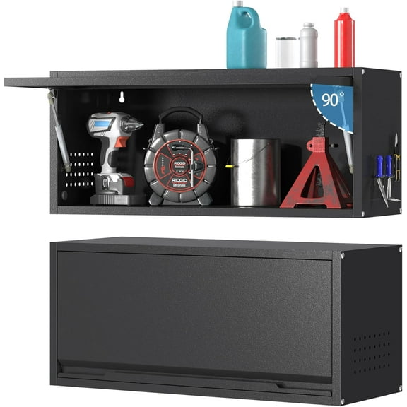 Metal Wall Storage Cabinet,Heavy Duty Tool Cabinets with Flip Up Door,Wall Mounted Metal Steel Cabinet for Garage/Home Office/RV/Ware House(Black/13.8" H)