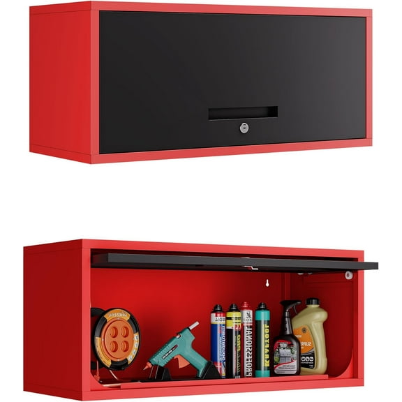 Metal Wall Storage Cabinet with Lock 1 Shelving Garage Storage Cabinet with Flip-Up Door Hanging Garage Cabinet for Kitchen Home Workshop,Assembly Required (Black Red, 13.7" H)