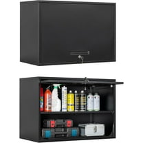 Metal Wall Storage Cabinet with Lock 2 Shelving Garage Storage Cabinet with Flip-Up Door Hanging Garage Cabinet for Kitchen Home Workshop,Assembly Required (Black, 21.6''H)