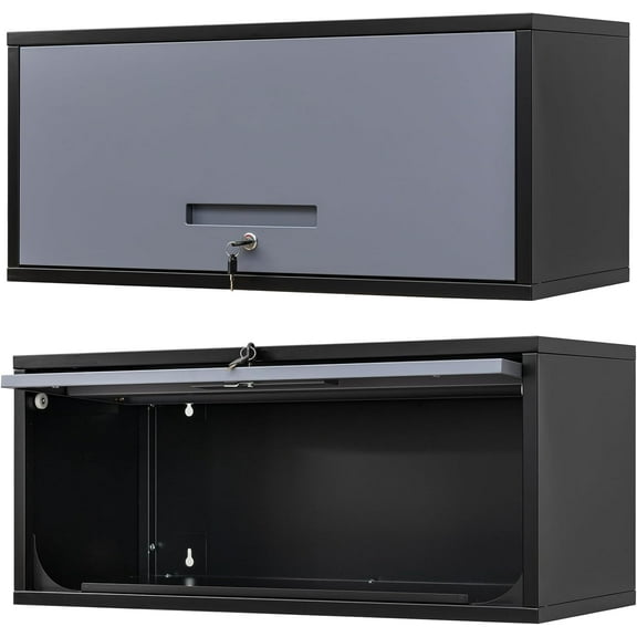 Metal Wall Storage Cabinet with Up-flip Door, Wall-Mounted Storage Cabinet for Garage, Warehouse, Home, Office, Assembly Required (Black Grey, One Cabinet), WC-0725