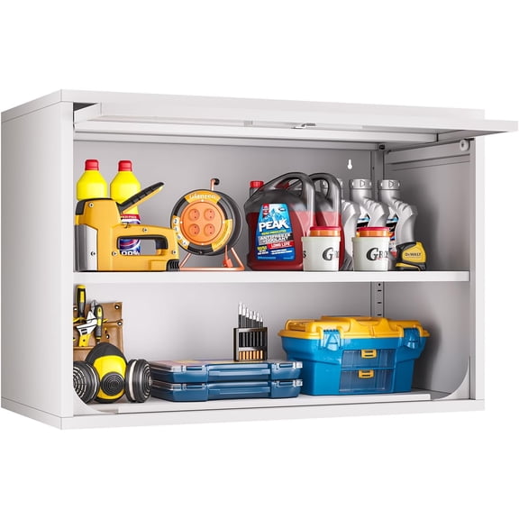 Metal Wall Storage Cabinet, Wall-Mounted Storage Cabinet with Up-Flip Doors, Steel Small Floating Garage Cabinet with Lock for Garage, Bathroom, Kitchen