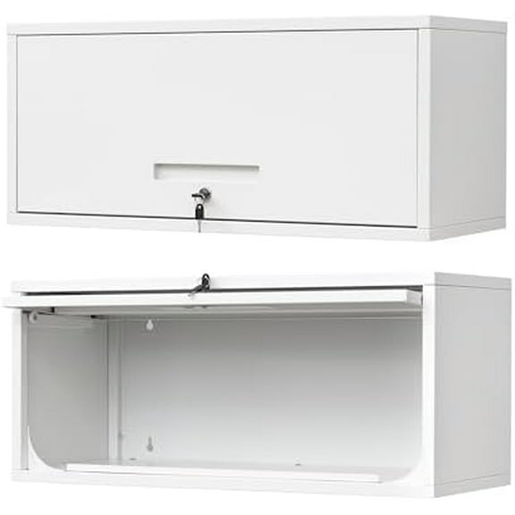 Metal Wall Storage Cabinet with Up-flip Door, Wall-Mounted Storage Cabinet for Garage, Warehouse, Home, Office, Assembly Required (White)