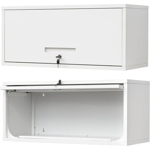 Metal Wall Storage Cabinet with Up-flip Door, Wall-Mounted Storage Cabinet for Garage, Warehouse, Home, Office, Assembly Required (White)
