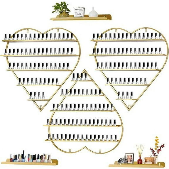 Kalolary Metal Wall-Mounted Nail Polish Rack, 5-Tier Gold Triangular Display Shelf, Heart-Shaped Organizer for Lipstick, Perfume, Essential Oils Ideal for Spas, Nail Salons, and Shops