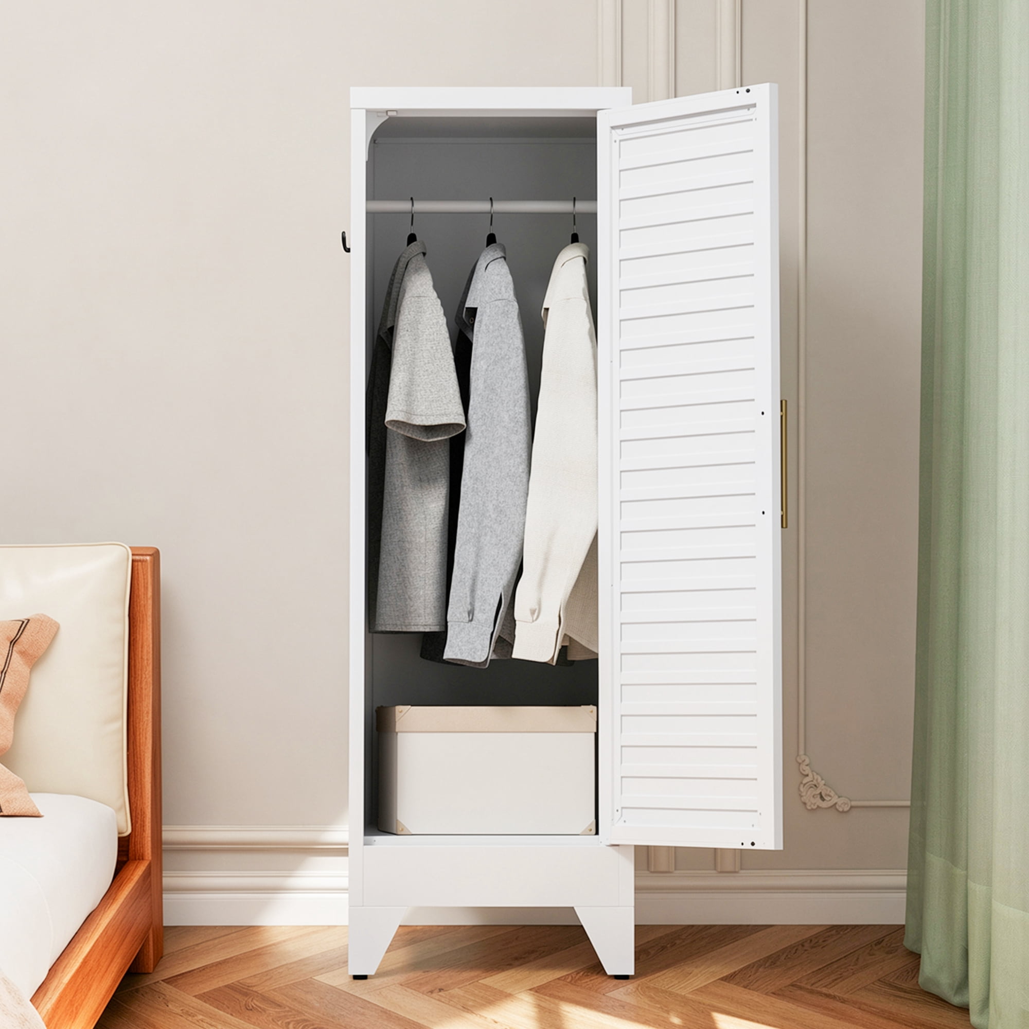 Metal Wardrobe Cabinet, 47"x18"x15", Cold Rolled Steel, Louvered Door, Anti-Tip Kit