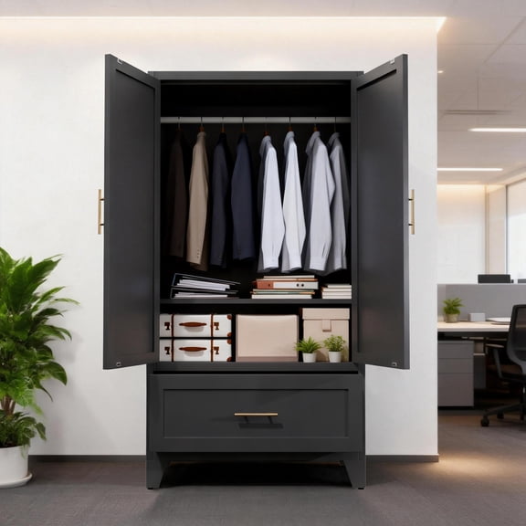 Metal Wardrobe Cabinet 60"H, 1 Drawer with Hanging Rod and Shelf, 2 Doors Storage Closet Organizer for Bedroom Office Laundry Room Entryway Foyer Guesthouse, Black