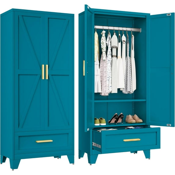 Metal Wardrobe Cabinet,71 Armoire Wardrobe Closet with Drawers and Hanging Rod,Metal Armoire with Adjustable Shelves for Closet,Bedroom,Farmhouse Storage Cabinet with Drawer(Blue)