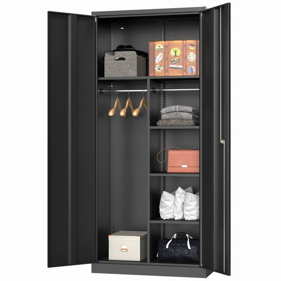 Metal Wardrobe Cabinet, 71" Lockable Wardrobe Closet with 2 Hanging Rods and Adjustable Shelves, Metal Armoire Closet with Locking Doors for Bedroom,Home Office,Gym