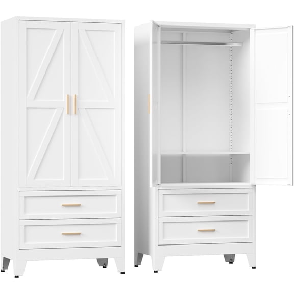Metal Wardrobe Cabinet, 71" Tall Freestanding Armoire with 2 Drawers and Shelf for Hanging Clothes, 2 Rustic Geometric Barn Doors Design Storage Cabinets for Bedroom