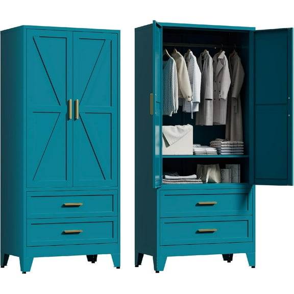 Metal Wardrobe Cabinet, 71" Tall Freestanding Black Farmhouse Armoire with Drawers and Shelf for Hanging Clothes, 2 Rustic Geometric Barn Doors Design Storage Cabinets for Bedroom