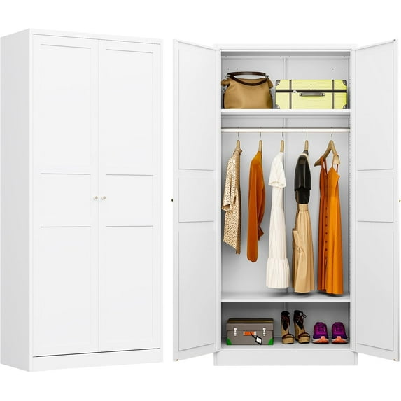 Metal Wardrobe Cabinet,Armoire Wardrobe Closet with doors,White Metal Clothing Storage Cabinet with Adjustable Shelves and Hanging Rod,72"Tall Cloth Storage Cabinets for Home,Bedroom Armoires,Laundry
