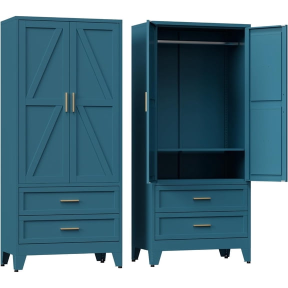 Metal Wardrobe Cabinet, Blue Tall Freestanding Farmhouse Armoire with Drawers and Shelf for Hanging Clothes, 2 Rustic Geometric Barn Doors Design Storage Cabinets for Bedroom