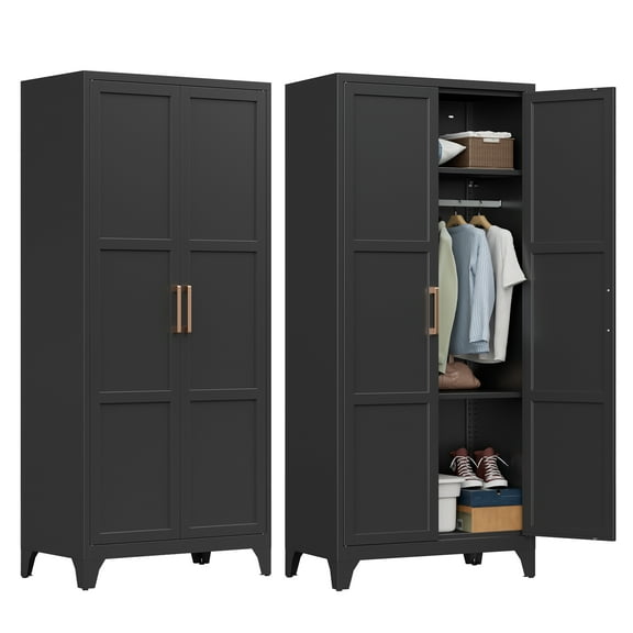 Metal Wardrobe Cabinet with Hanging Rod, 71" Metal Clothing Storage Cabinets with 2 Doors and Adjustable Shelves, Black Armoire Wardrobe Closet for Bedroom, Laundry Room, Cloak Room